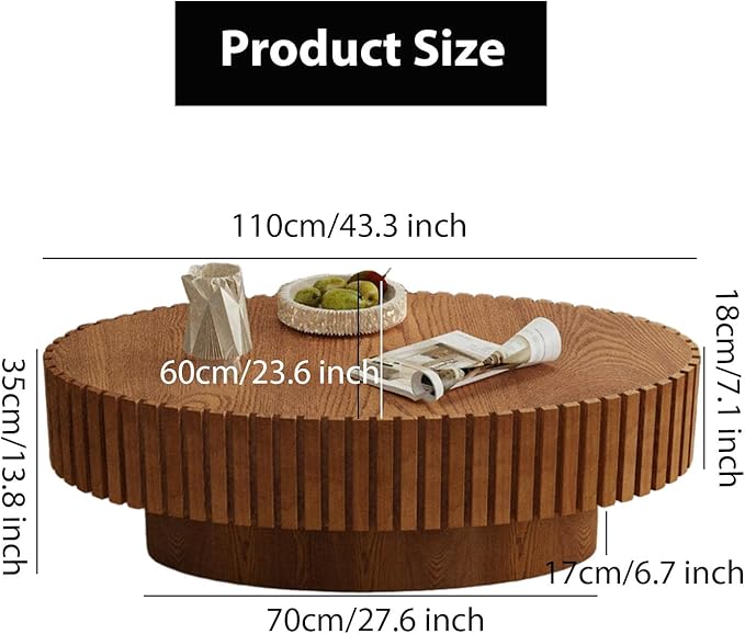 Oval Fluted Coffee Table Mid Century Modern Coffee Tables with Handcrafted Relief Ellipse Drum End Table Rustic Industrial Center Tables for Apartment Living Room (Wood Oval)