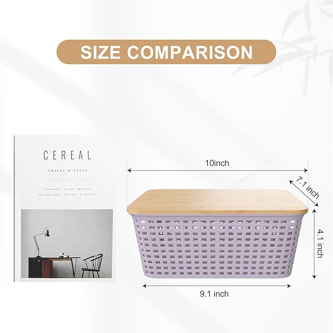 Small Storage Bins with Bamboo Lid, Plastic Storage Box with Lid, 5QT Stackable Organizing Basket with Lable,Storage Container for Classroom, Office, Closet, Shelf Organization, 10x7x4 In-Purple-6 Pcs