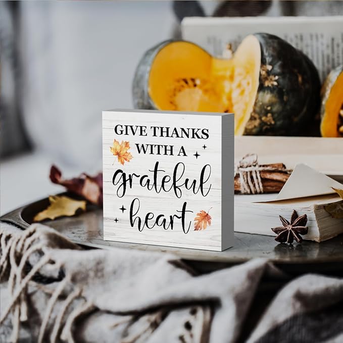 HTBIG Thanksgiving Decor, Fall Decor,Give Thanks WITH A Grateful Heart Sign Home Office Desk Shelf Cubicle 5 x 5 inch