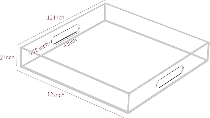 Clear Acrylic Serving Tray with Handles-Butler Trays for Coffee Table, Snacks,Breakfast in Bed, Kitchen Countertop,Vanity,Makeup Organizer,Ottoman (Clear, 12x12 Inches)