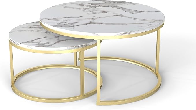 Nesting Coffee Table Set of 2, 31.5" Round Coffee Table Wooden Marble Pattern Accent Furniture, Industrial End Table for Living Room Bedroom Balcony (White/Gold)