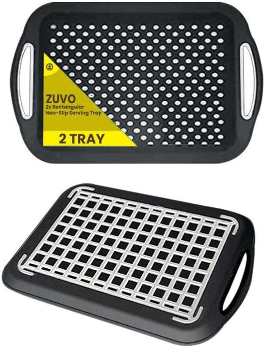 Zuvo Anti-Slip Food Serving Tray with Handles (Set of 2) – BPA-Free Plastic, Lightweight & Durable – Non-Slip Couch Trays for Eating & Drinks (Grey)
