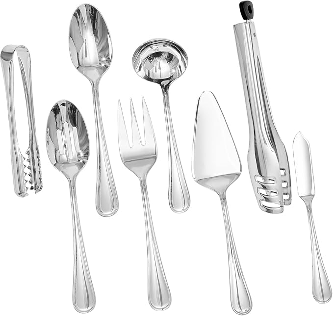 KINGSTONE 8 Piece Teardrop Serving Utensils Set, 18/10 Stainless Steel Serving Utensils, Slotted Spoons, Forks, Tongs, Cake Server, Butter Knife for Buffet, Catering, Wedding, Party