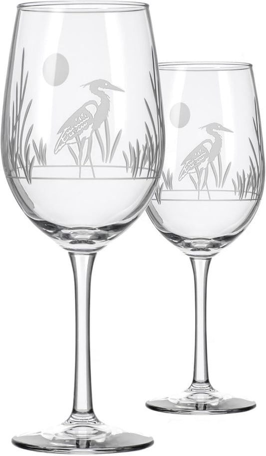 Rolf Glass Heron White Wine Glass | 12oz Stemmed Wine Glass | Lead-Free and Diamond-Wheel Etched | Proudly Made in the USA | Coastal Glassware | Set of 2
