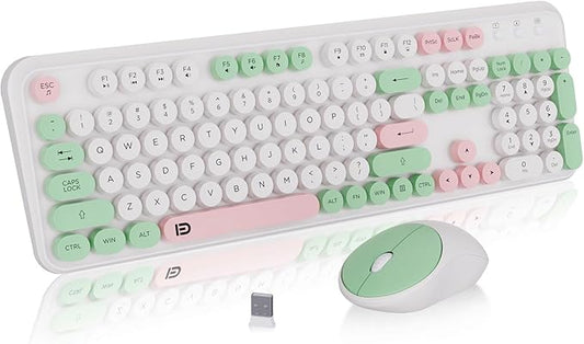 FD 2.4GHz Wireless Keyboard and Mouse Set with Switch Button - Full-Size Keyboard - Compatible for Windows/Laptop/PC/Notebook/Smart TV and More - Milky White Green Colorful