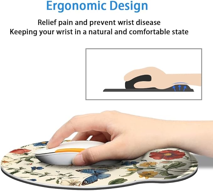 Mouse Pad with Wrist Support, Ergonomic Mouse Pad with Memory Foam Wrist Rest Cushion, Non-Slip Rubber Base Gaming Mice Pad for Home Office Computer Laptop,Floral Butterfly