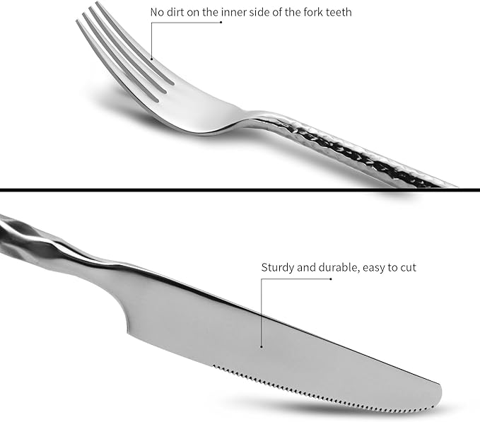 18/10 Stainless Steel Flatware Set Hand Forged Silverware Set Cutlery Set Round Hammered Handle Mirror Finished Heavy Duty 10 Pieces Service for 2