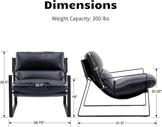 HEAH-YO Modern Accent Chair Set of 1, PU Faux Leather Living Room Chair with Removable Cushion and Solid Metal Frame, Comfy Reading Chair for Bedroom, Black