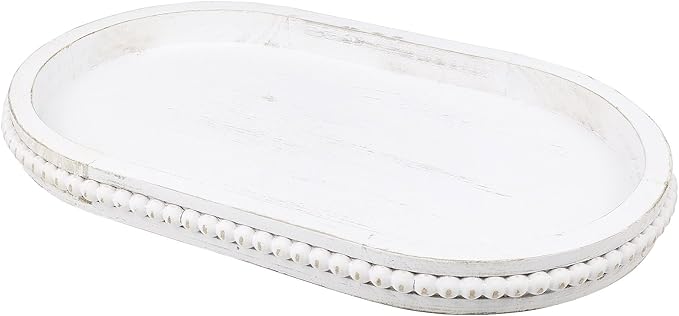 Oval Wood Serving Tray with Wooden Beads, Outdoor Farmhouse Decorative Tray for Ottoman, Coffee Table, Kitchen Counter Organizer, Home Decor(Whitewashed)