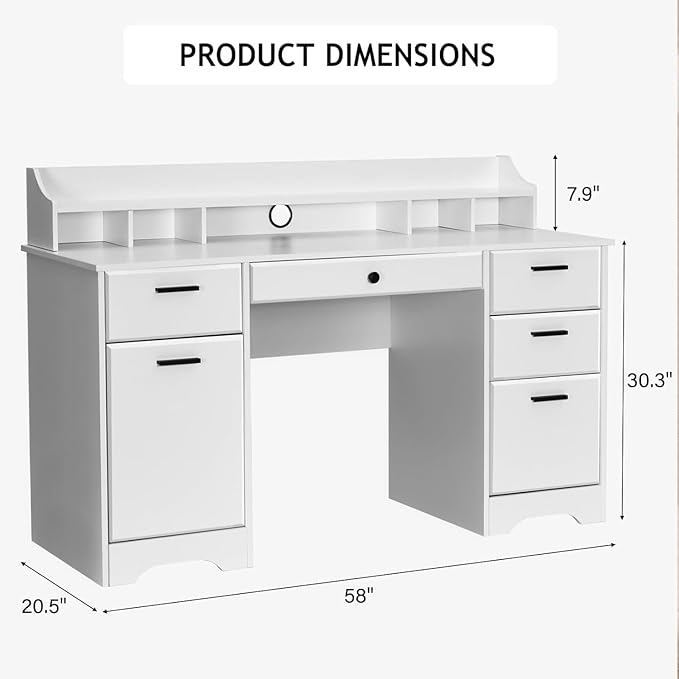White Desk with 6 Drawers, 58 Inch Executive Desk with Hutch, White Wood Computer Desk with Storage for Bedroom, Home Office Desk with File Cabinet