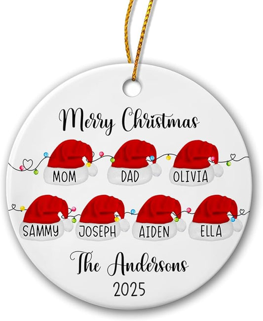 Merry Christmas Family Santa Hats Ornament, Personalized Family Ceramic Ornament, Family of 6 Ornament Gift for Family Keepsake, Custom 1st Xmas As A Family of Six Ornament 2025, Santa Ornaments