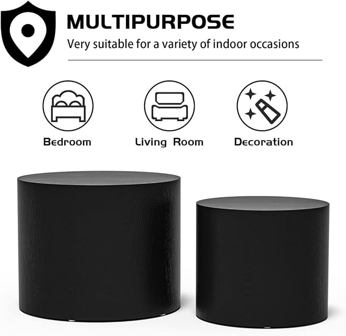 Nesting Coffee Table Set of 2, Wood Round Coffee Table, Modern Coffee Table for Small Space Living Room, Black