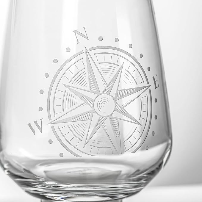 Rolf Glass Compass Star Stemless Wine Glass | 15.75 Ounce Stemless Tumblers | Set of 4 | Nautical Themed Glassware | Stylish Drinkware for Wine Lovers
