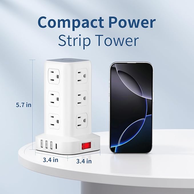 Surge Protector Power Strip 6.5 FT Cord, Power Strip Tower with 4 USB Ports (1USB C), Extension Cord with 12 AC Multiple Outlets, Home Office Supplies Desk Accessories, Dorm Room Essentials