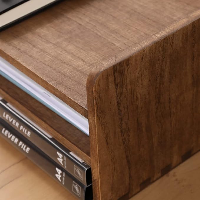 Desk Organizer for File Folder Storage with 3 Paper Letter Tray &1 Vertical Compartment- Wood Office Desktop Document Organizer Rack - Filing Folder Mail Sorter Desk accessories Dark WJJ3K-DK