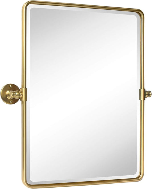 Farmhouse Gold Metal Framed Pivot Rectangle Bathroom Mirror Rounded Rectangluar Tilting Beveled Vanity Mirrors for Wall, Overall 22.91 x 24 inches (Mirrror 19 x 24 inches)