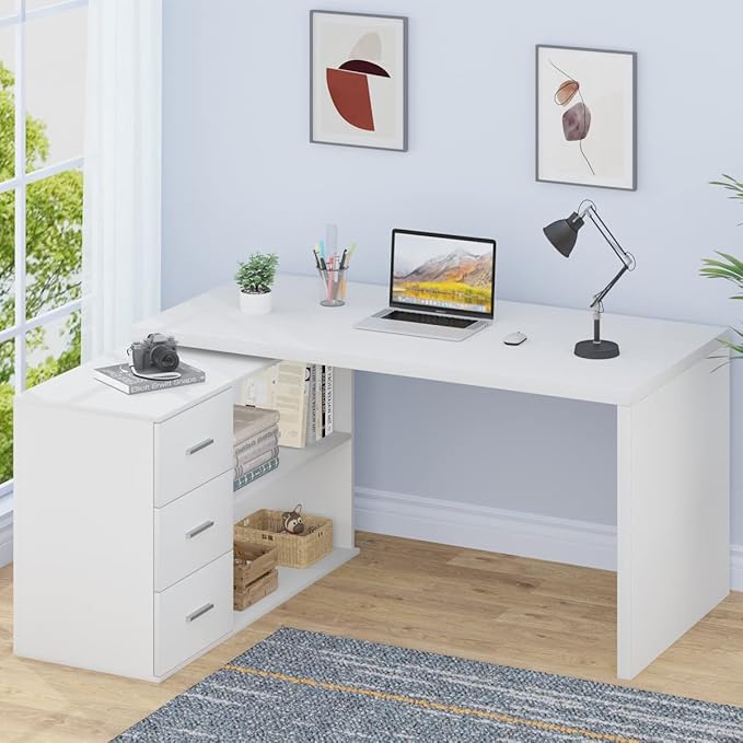 HSH White L Shaped Desk with Drawers Shelves, 360 Rotating L Shape Computer Desk with Storage Cabinet, Corner Home Office Desk Computer Table，55 Inch
