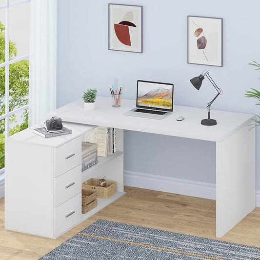 HSH White L Shaped Desk with Drawers Shelves, 360 Rotating L Shape Computer Desk with Storage Cabinet, Corner Home Office Desk Computer Table，55 Inch