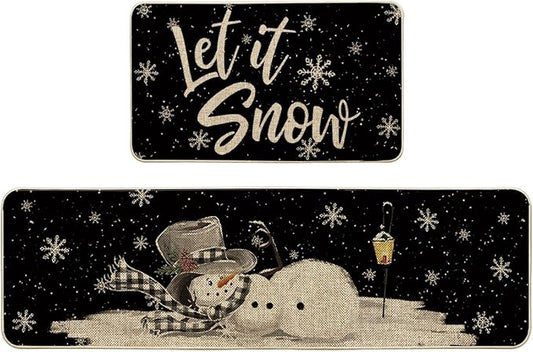 Artoid Mode Let It Snow Snowflake Snowman Light Christmas Decorative Kitchen Mats Set of 2, Home Party Low-Profile Kitchen Rugs - 17x29 and 17x59 Inch