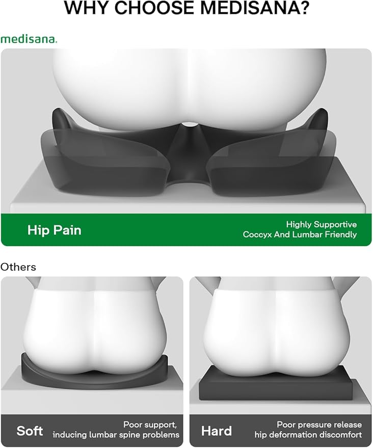 Medisana Seat Cushion, SC 100B Seat Cushions for Office Chairs, Car Seat, Wheelchair - Sciatica & Tailbone & Coccyx Pain Relief Pillow for Driver Sedentary People（Size:17 * 14.6 * 3.54 in-Black