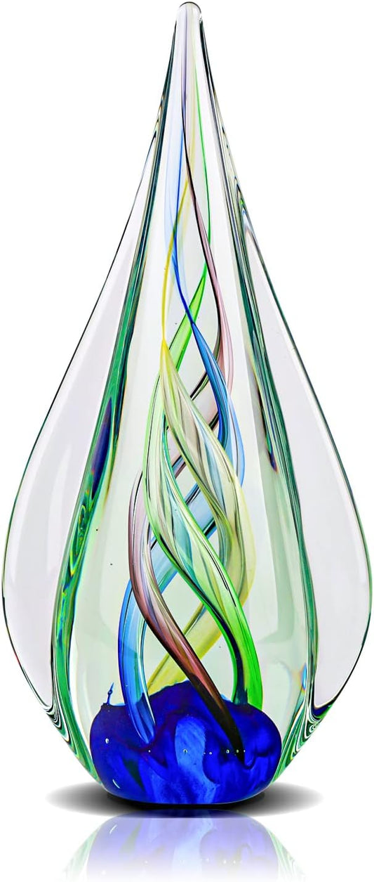 9" Tall Sculpture Hand Blown Glass Decor, Paperweight for Office Desk, Modern Glass Art Figurines Mediterranean Beach House Decor, Living Room Coffee Shelves Table Top Decoration (Aqua)