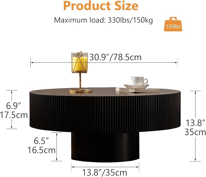 Modern Wood Coffee Table - Handcraft Drum Coffee Tables with Sturdy Base, Easy Assembly, Contemporary Style Small Coffee Table Tea Table for Living Room, Bedroom, Office (Black Thick)