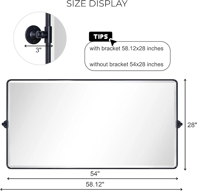 TEHOME Pivot Full Length Bathroom Vanity Mirror Matt Black Metal Framed Full Body Wall Mounted Floor Pivoting Mirror for Bathroom, Living Room, Overall 58.12 x 28 inches (Mirrror 54 x 28 inches)