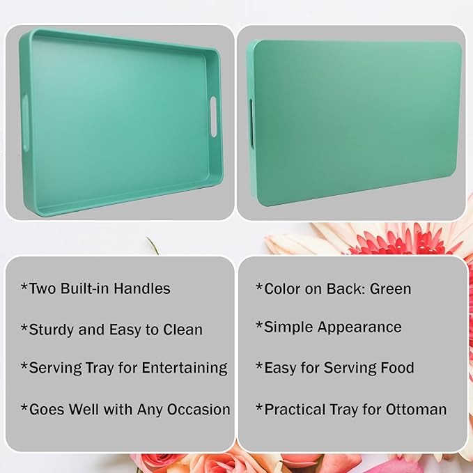 Green Decorative Serving Tray with Handles, Plastic Coffee Table Tray for Outdoor Patio, Living Room, Ottoman, Bathroom Counter, 10.2”*15.7”*1.4”