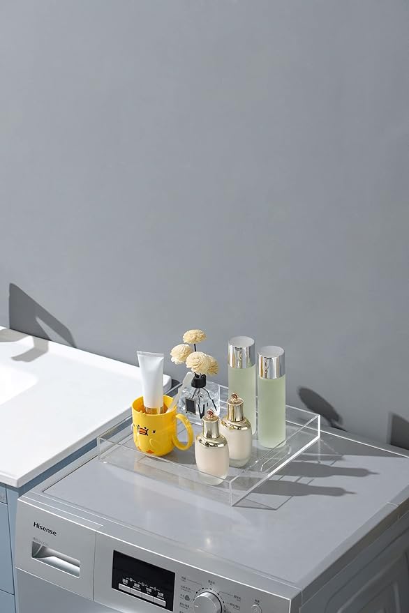 Clear Sturdy Acrylic Serving Tray with Handles-12x12 Inch-Serving Coffee,Appetizer,Breakfast,Butler-Kitchen Countertop Makeup Drawer Organizer-Vanity Table,Ottoman Tray