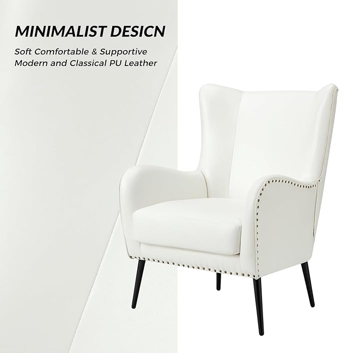HULALA Home Faux Leather Accent Chair w/Removable Cushion, Comfy Upholstered Armchair with Black Metal Legs & Nailhead Trim Wingback Vanity Chair Desk Chair for Reading Living Room Bedroom, Ivory