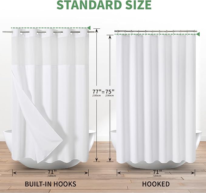 White No Hook Shower Curtain with Snap-in Fabric Liner Set,Slub Textured Fabric Shower Curtains for Bathroom,Hotel Style Modern Shower Curtain,Water Repellent& Washable,71x77(75)