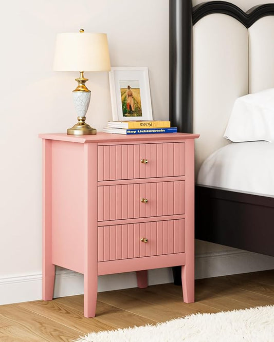 Fluted Nightstand, Farmhouse Night Stand with 3 Drawers, Mid Century Modern Side Accent Table,Bedside End Table for Bedroom, Living Room, Pink