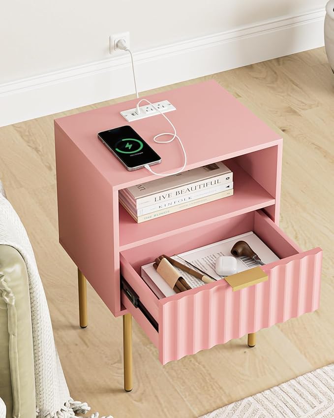 Masupu Nightstand with Charging Station,Mid-Century Modern Bedside Table with Storage Drawer and Open Wood Shelf,Small Gold Frame Side Table for Bedroom,Living Room (Pink Fluted)