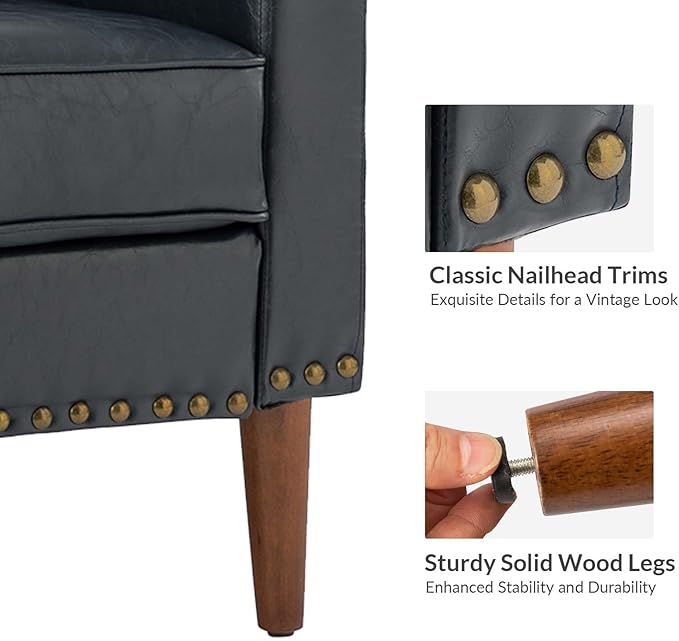 HULALA HOME Faux Leather Accent Armchairs Set of 2 with Back & Seat Cushions, Traditional Club Chairs with Nailhead Trim, Comfy Upholstered Sofa Chairs for Living Room Bedroom, Navy