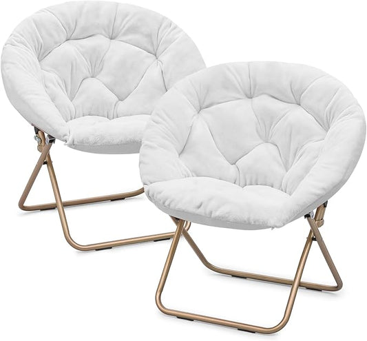 Magshion Saucer Chair for Adults, Comfy Living Room Lounge Chair for Bedroom Corner, Dorm, Apartment, Faux Fur Fluffy Circle Accent Seat with Thick Padded & Folding Metal Frame (White, Set of 2)