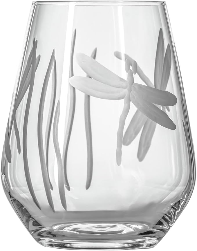Rolf Glass Dragonfly Stemless Wine Glass 18oz - Tumbler Wine Glasses Set of 2 – Made in the USA - Etched Stemless Wine Glasses -(Set of 2)