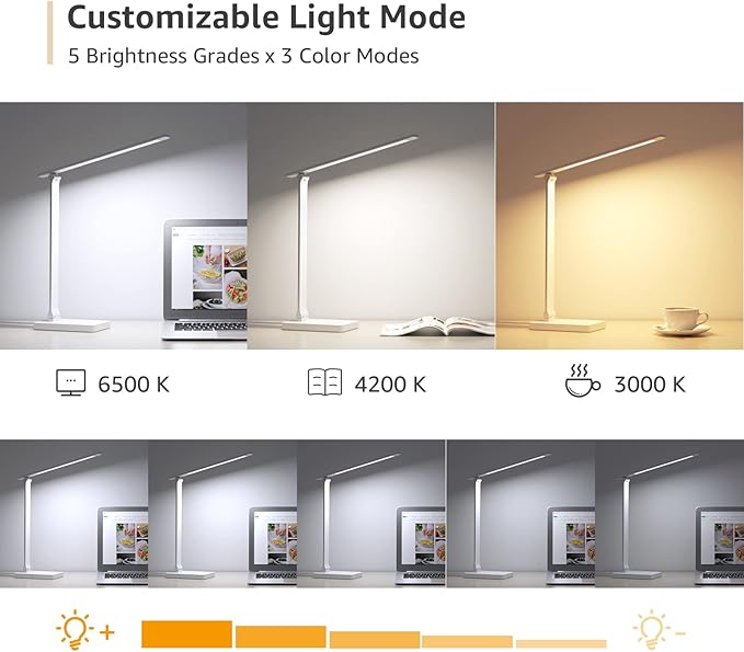 Lepro LED Desk Lamp with USB Charging Port, 700LM Dimmable Home Office Touch Control Reading Table Lamp,5 Color Modes with 5 Brightness Level, Dorm Room Essentials, Task Lamp, Sewing, Crafting, White