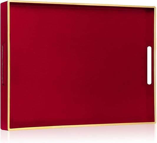 Sturdy Acrylic Serving Tray with Handles-15.7x11.8Inch, Morden Plastic Rectangular Serving Tray for Coffee Table Bathroom, Ottoman, Home Decor (Rectangular - Red)