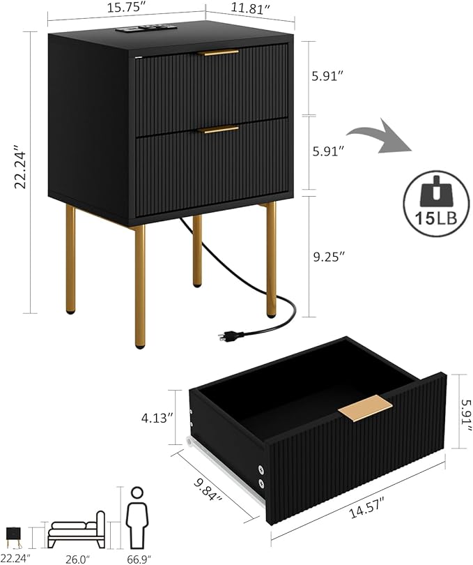 Masupu Nightstand with Charging Station,Mid-Century Modern Bedside Table with 2 Storage Drawer,Small Gold Frame Side End Table for Bedroom,Living Room (Black)