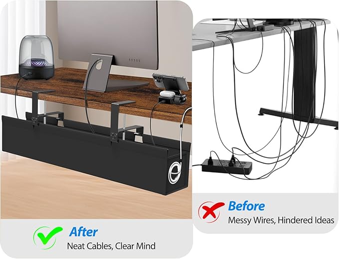 Under Desk Cable Management Tray No Drill, 30 Inch Cord Organizer with Oxford Fabric, Clamp Mount, Holds 60 lbs, Large Cable Rack for Gaming & Home Office Standing Desk