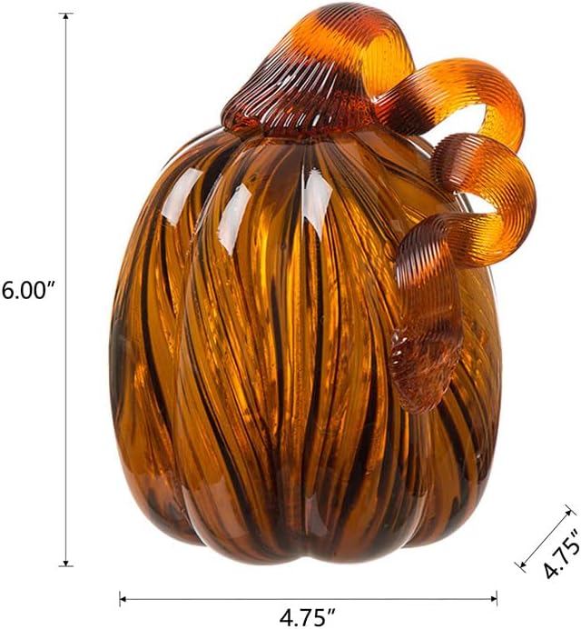 Glitzhome 4.33" Decorations Glass Pumpkin Amber Striped Pumpkin Thanksgiving Fall Harvest Ornaments