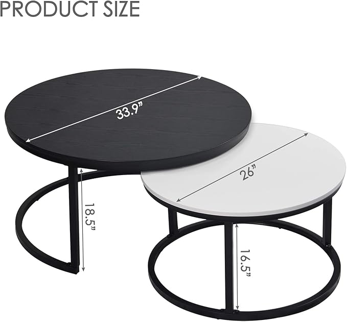 WiberWi Round Coffee Table, Nesting Tables Set of 2, Large : Ø 34.0", Small : Ø 26.0", Modern Design Furniture Side End Table for Living Room, Metal Frame Sofa Table Cocktail Table, Black & White