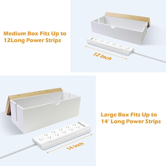 Bamboo Cable Management Box, Large Cord Organizer Box Cable Box to Hide Wires & Power Strips for Desktop Storage Cord Holder for Office Home,No Assembley Required