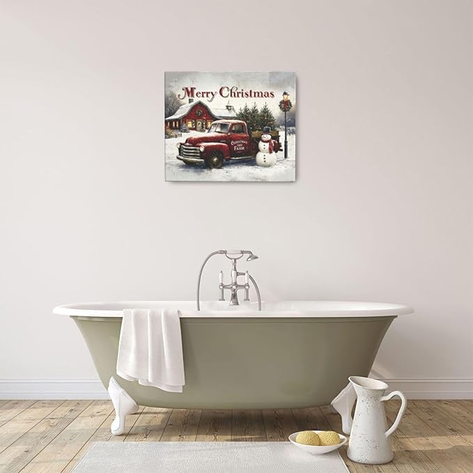 Christmas Pick-Up Truck Wall Art Christmas Tree Canvas Wall Decor Farm Barn Pictures Paintings Prints Snowman Artwork Framed Winter Holidays Decorations For Bathroom Bedroom Living Room Office Gifts 24" x 20"