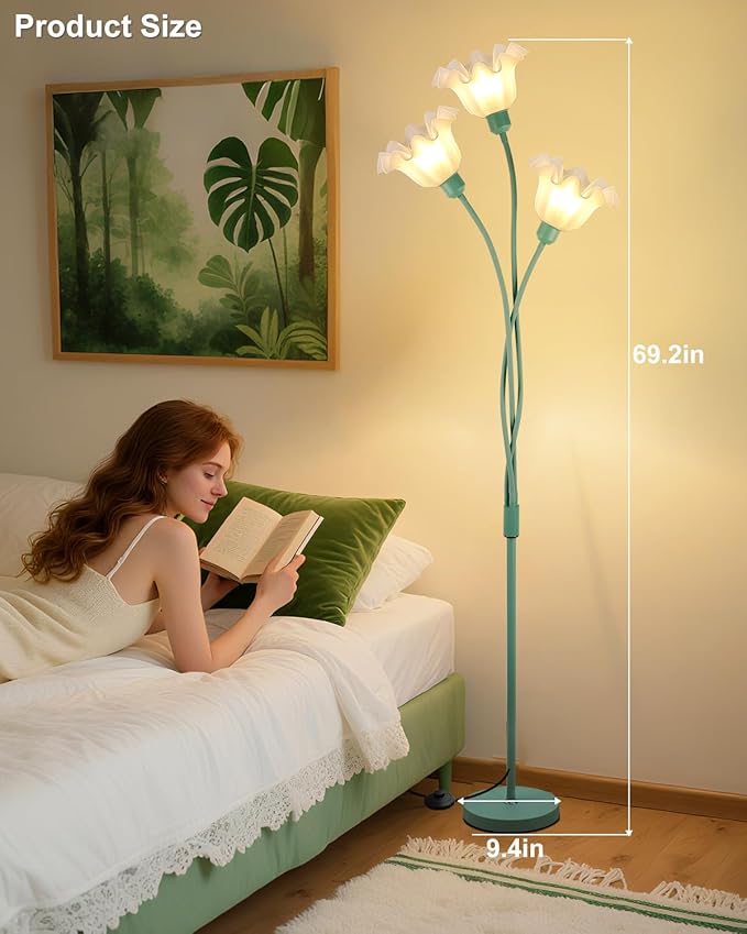 Lightdot Flower Floor Lamp for Living Room, Cute Corner Floor Lamp with Adjustable Goosenecks, 3 Light Standing Lamp with Bulbs Included, LED Tall Floor Lamps for Bedroom Kids Room(Green)