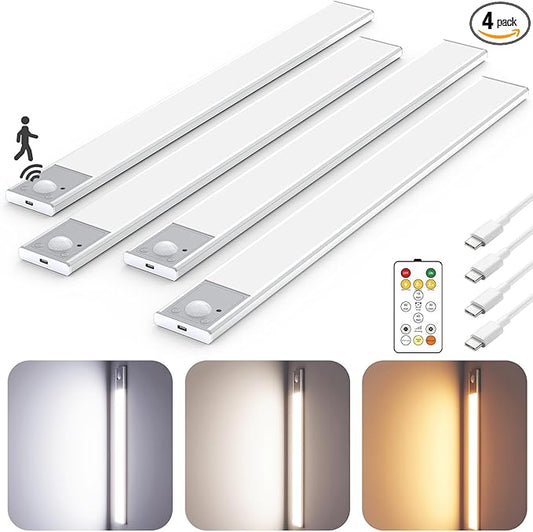 16" Ultra-Thin Under Cabinet Lighting Wireless, Aluminum Alloy Under Counter Lights for Kitchen, 3-Color-Temps Magnetic Closet Lights, Rechargeable Motion Sensor Light Indoor (4 Pack, Silver)