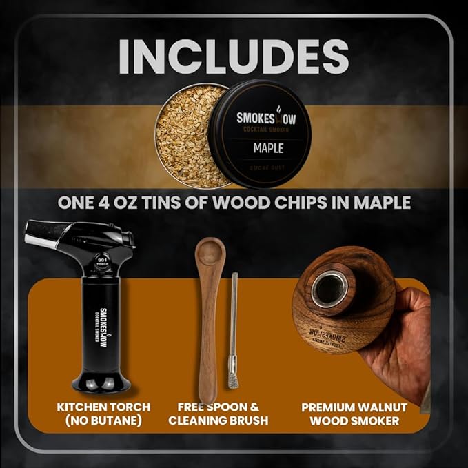 Smokeshow Cocktail Smoker Bundle with Kitchen Torch, One Flavors of Wood Chips Maple (No Butane Included)