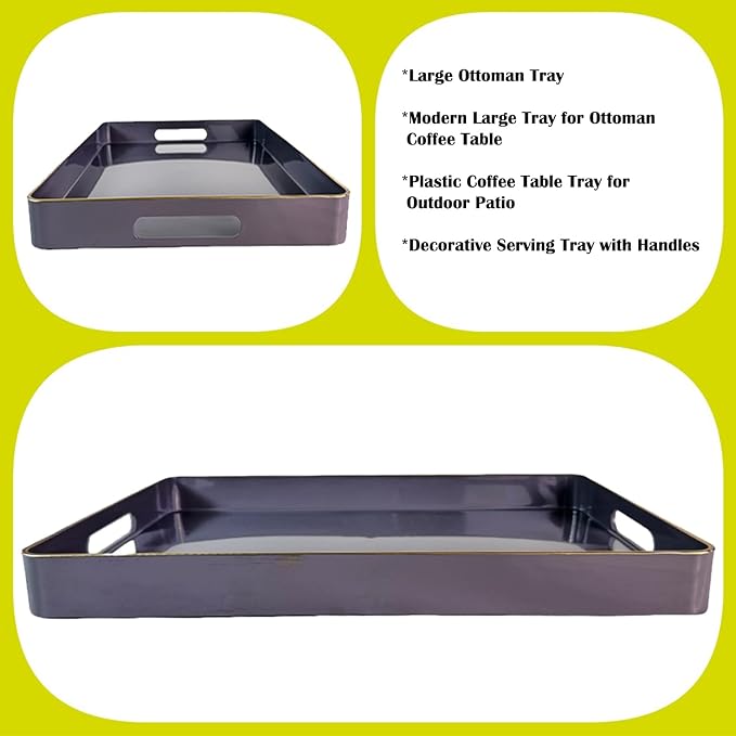 Large Grey Coffee Table Tray, Decorative Serving Tray with Handles, Plastic Rectangular Tray for Ottoman, Bathroom, Living Room. 16.7"*12"*1.6"