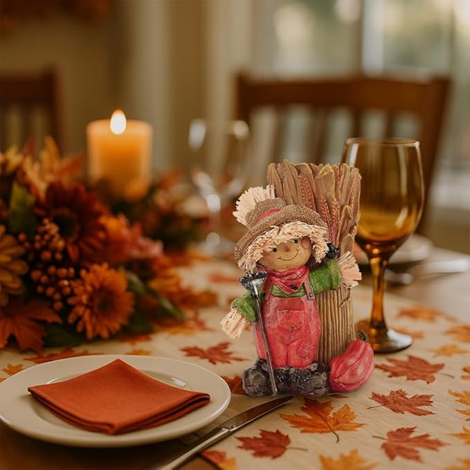 Handcrafted Thanksgiving Scarecrow Figurines, Fall Harvest Tabletop Decorations with Candle Holder, Autumn Resin Decor for Home, Porch, or Garden (Boy)