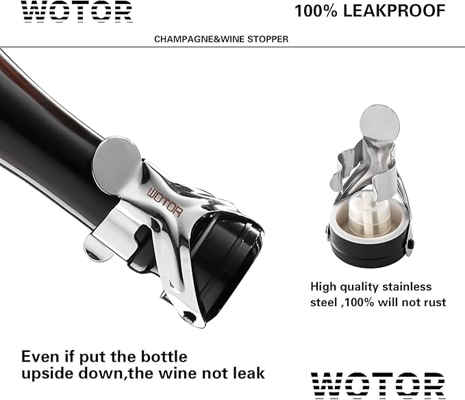 WOTOR Champagne&Wine Bottle Stoppers Stainless Steel with Food Grade Silicone, Leak Proof Keep Fresh Reusable Saver, Cork Suitable for Wine, Champagne, Cava, Prosecco and Sparkling (12 Pack Silver）